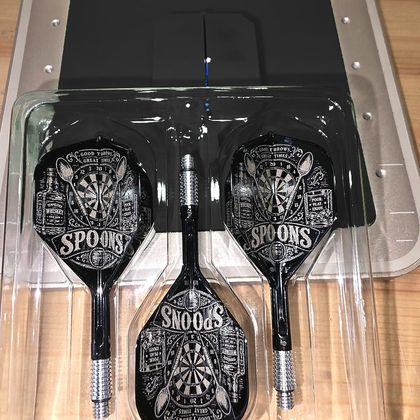 A Spoons darts team set engraved with a dartboard and pints