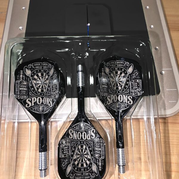 A Spoons darts team set engraved with a dartboard and pints