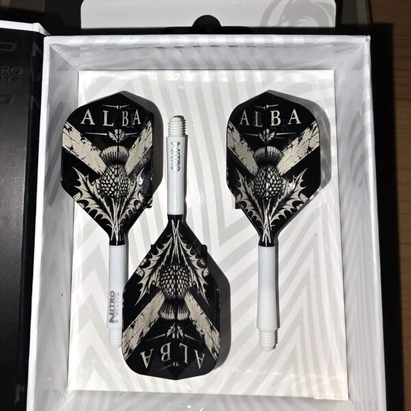 Three flights engraved with ALBA and a Scottish thistle in a white gift box