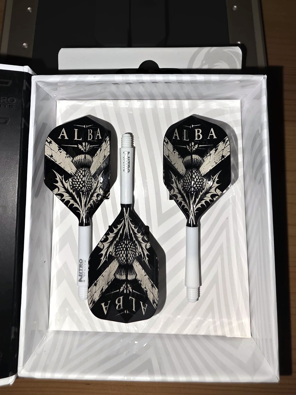 Three flights engraved with ALBA and a Scottish thistle in a white gift box